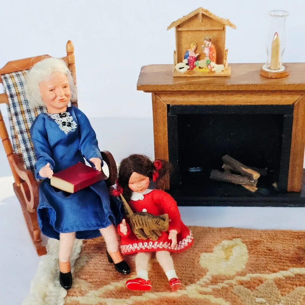 Vintage Dollhouse Christmas Accessories Nativity Fireplace Tools Rug Miniature